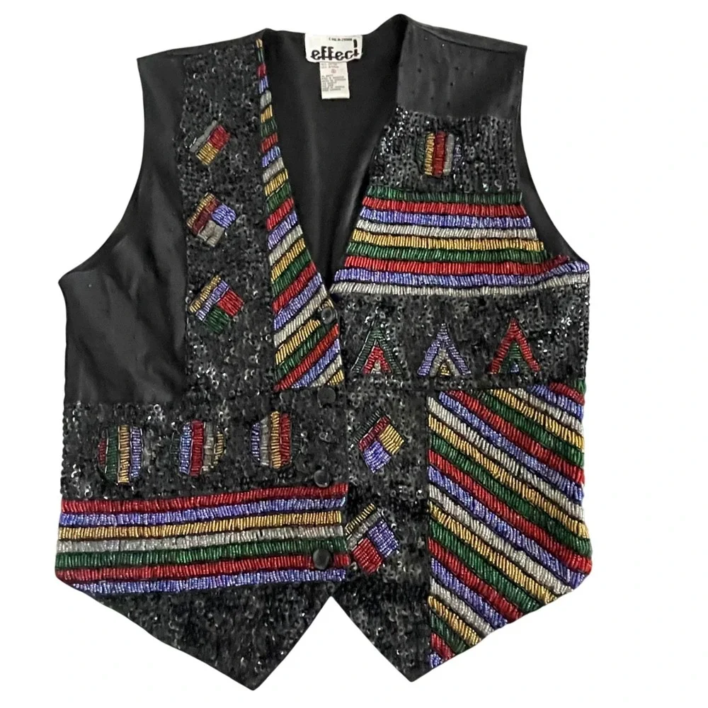 Effeci Black Beaded Sequin Vest Small Artsy Tribal Geo Party Top Boho Festival‎
